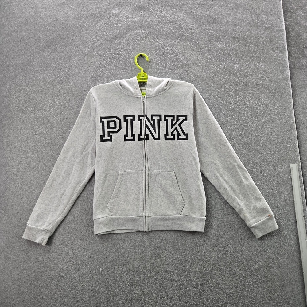 PINK Victoria's Secret Women Hoodie M Gray Fleece Text Activewear Logo READ
